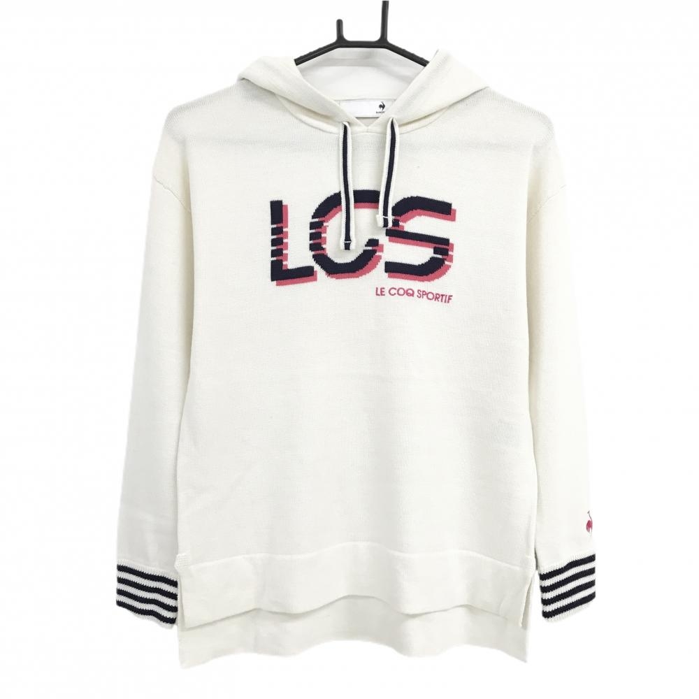 ルコック ニットパーカー アイボリー×ネイビー 袖口ライン ウール混 セーター レディース M ゴルフウェア le coq sportif