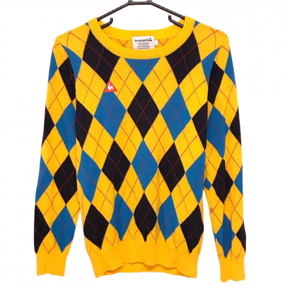【美品】ルコックゴルフ セーター オレンジ×ライトブルー アーガイル ニット ウール混 レディース M ゴルフウェア le coq sportif