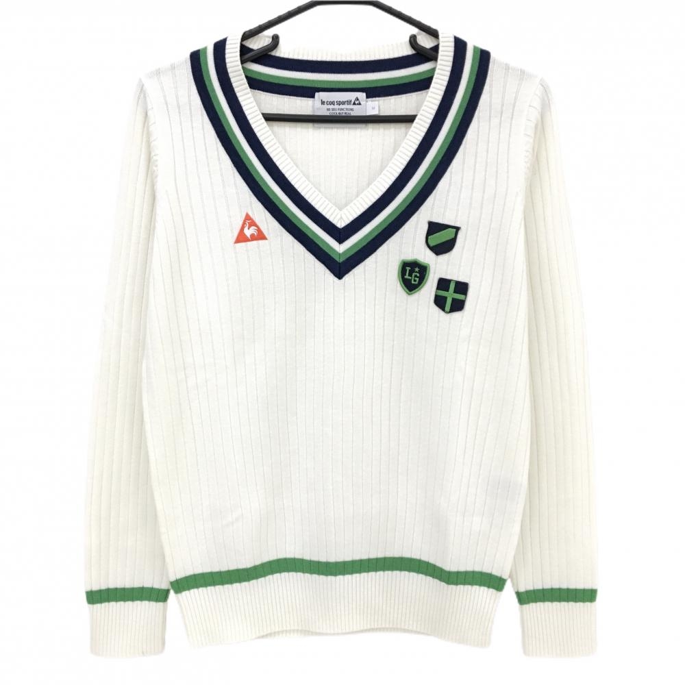 【超美品】ルコックゴルフ セーター 白×ネイビー×グリーン 胸ロゴ ウール混 ニット レディース M ゴルフウェア le coq sportif