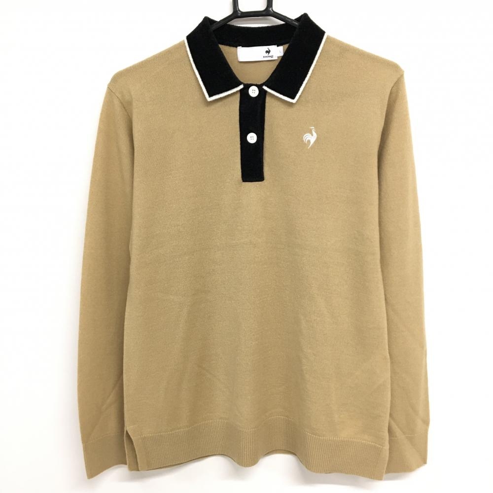 【美品】ルコックゴルフ 襟付きセーター ライトブラウン×黒 ロゴ刺しゅう  レディース L ゴルフウェア 2024年モデル le coq sportif