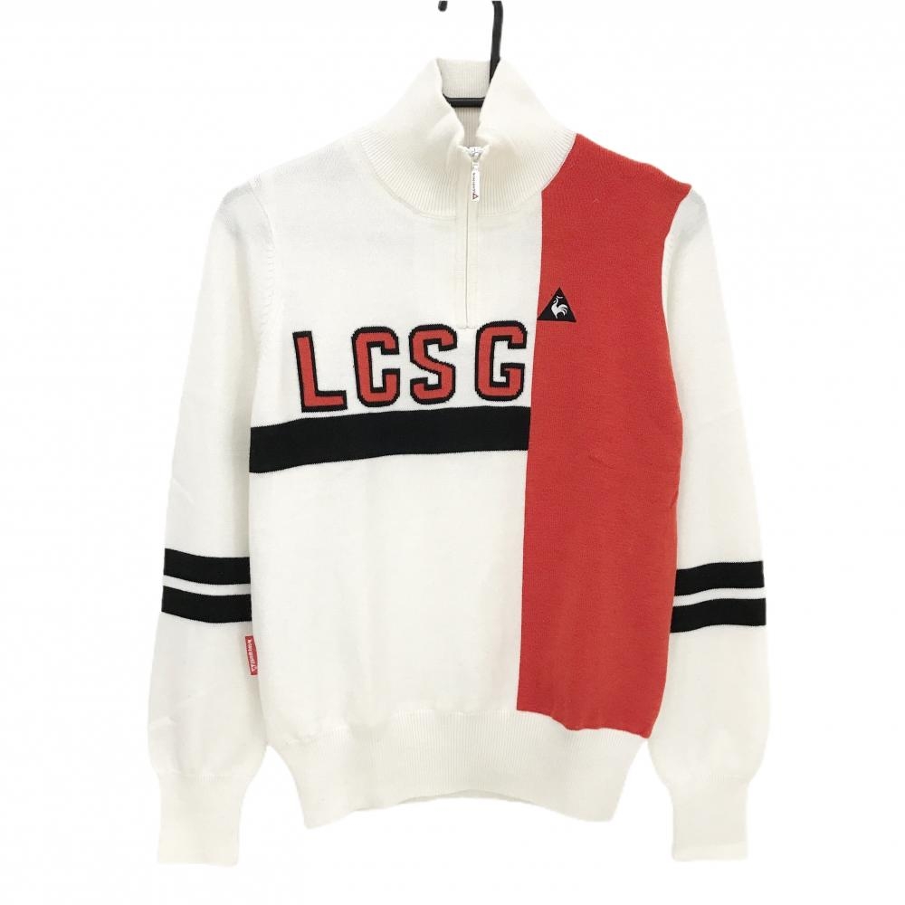 【美品】ルコックゴルフ ハイネックセーター 白×レッド×ネイビー ハーフジップ ウール混 レディース M ゴルフウェア le coq sportif
