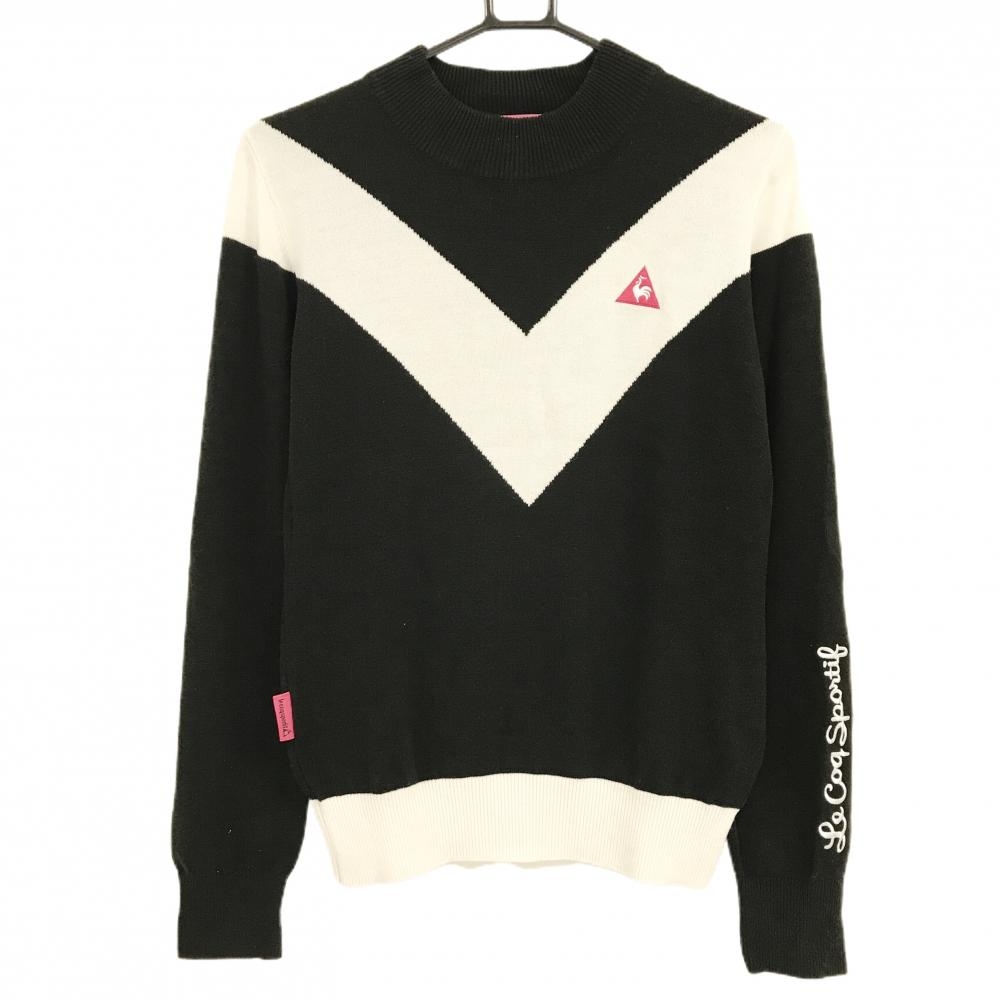 【超美品】ルコック ハイネックセーター 黒×白 ウール混 ニット レディース L ゴルフウェア le coq sportif