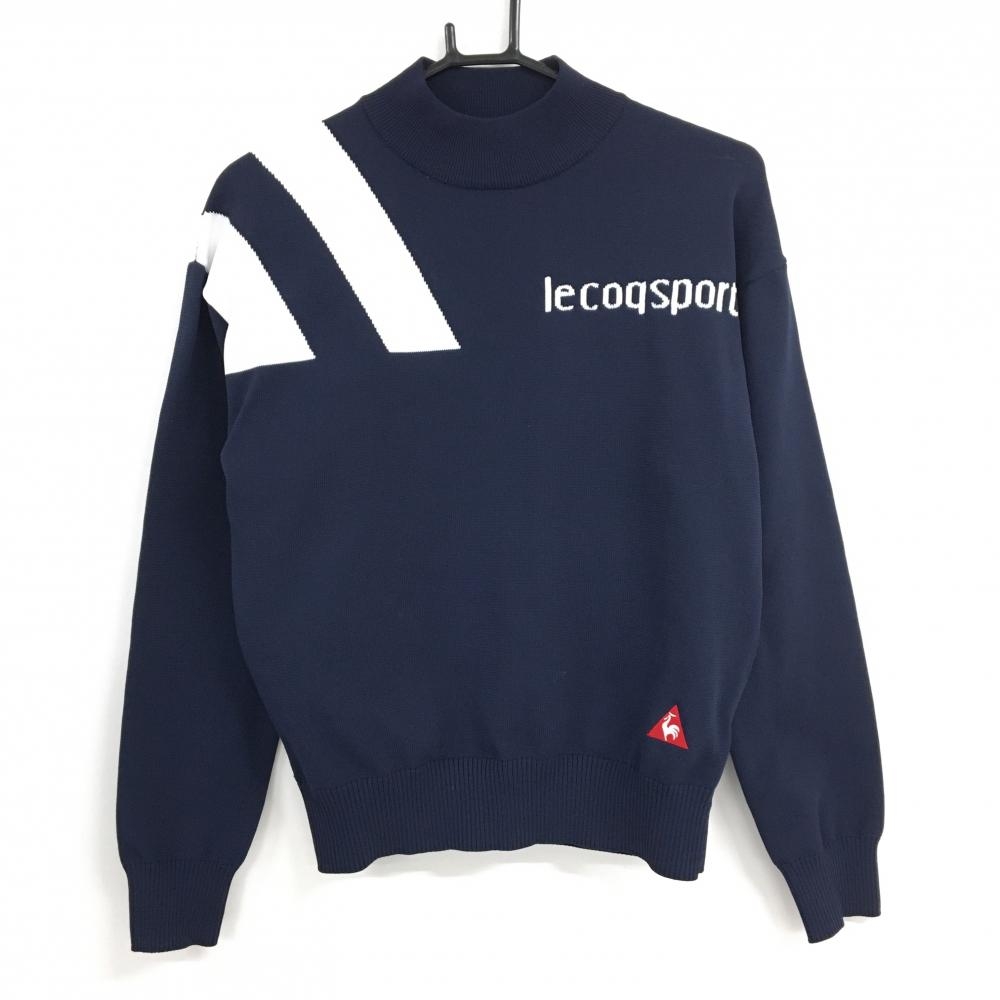 【美品】ルコックゴルフ ハイネックセーター ネイビー×白 フロントロゴ ニット  レディース L ゴルフウェア le coq sportif
