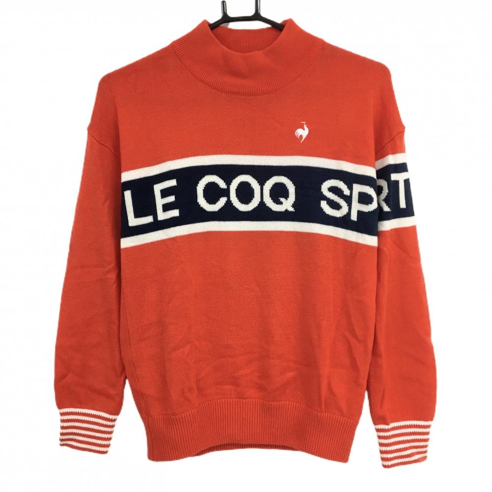【超美品】ルコックゴルフ ハイネックセーター レッド×白 フロントロゴ ウール混 ニット レディース M ゴルフウェア le coq sportif