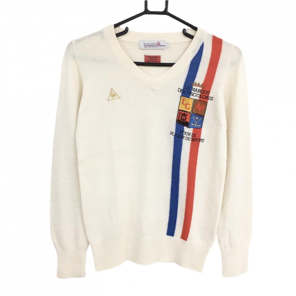 【超美品】ルコックゴルフ セーター 白 ウール混 前面刺しゅう レディース S ゴルフウェア le coq sportif