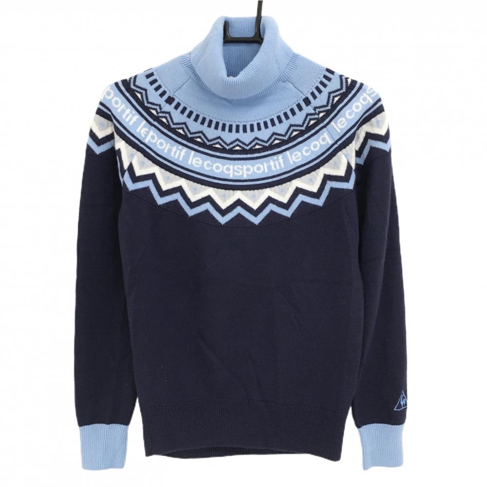 ルコック タートルネックセーター ネイビー×ライトブルー 袖ロゴ刺しゅう  レディース L ゴルフウェア le coq sportif