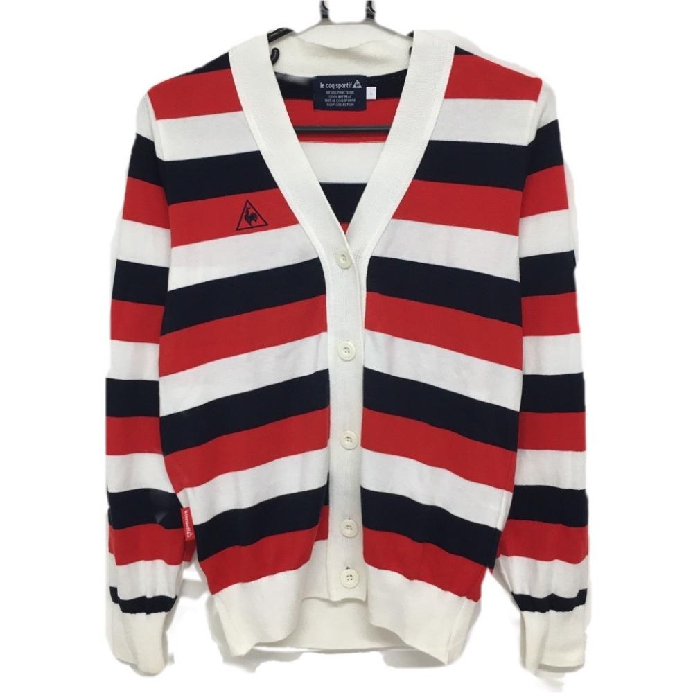 ルコック ニットカーディガン 白×ネイビー×レッド ボーダー レディース L ゴルフウェア le coq sportif