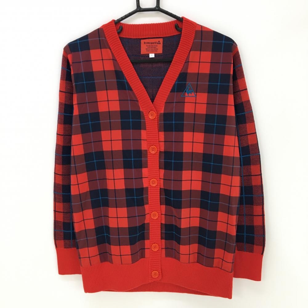 【超美品】ルコック 異素材カーディガン レッド×ネイビー チェック ニット レディース L ゴルフウェア le coq sportif
