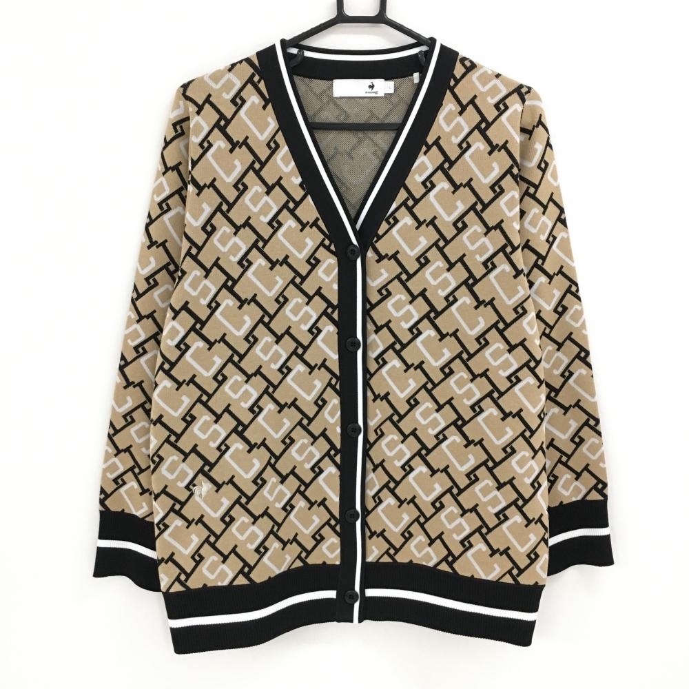 【美品】ルコックゴルフ ニットカーディガン ベージュ×黒×白 総柄 Vネック  レディース L ゴルフウェア 2024年モデル le coq sportif
