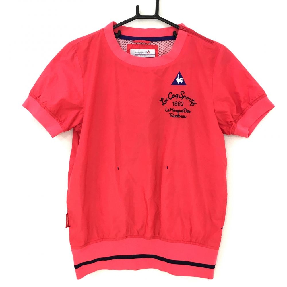 【美品】ルコック 半袖スニード ピンク×ネイビー 裏地メッシュ サイドジップ ロゴ刺しゅう レディース M ゴルフウェア le coq sportif