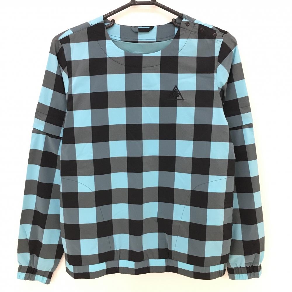 【美品】ルコック 2WAYスニード ライトブルー×黒 チェック 肩スナップボタン 袖着脱可 レディース S ゴルフウェア le coq sportif