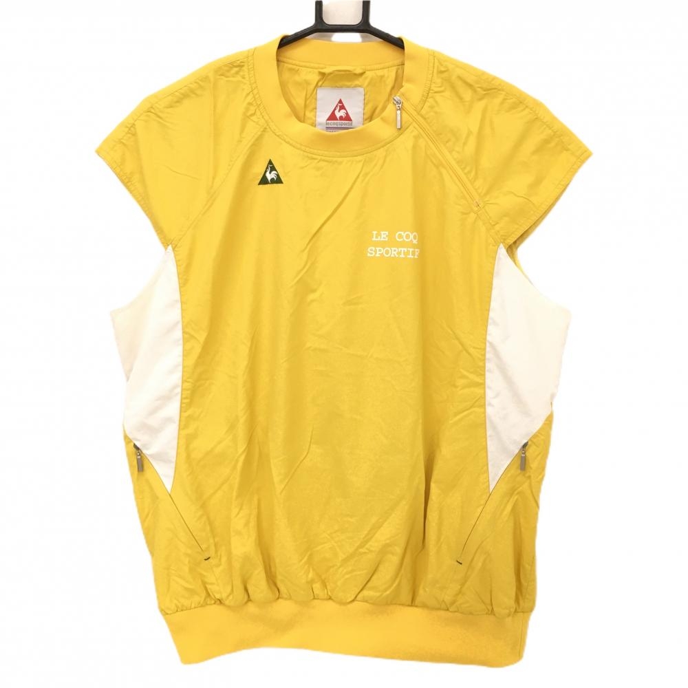 【超美品】ルコックゴルフ 半袖スニード イエロー×白 裏地メッシュ 胸元ロゴ 肩ジップ レディース L ゴルフウェア le coq sportif