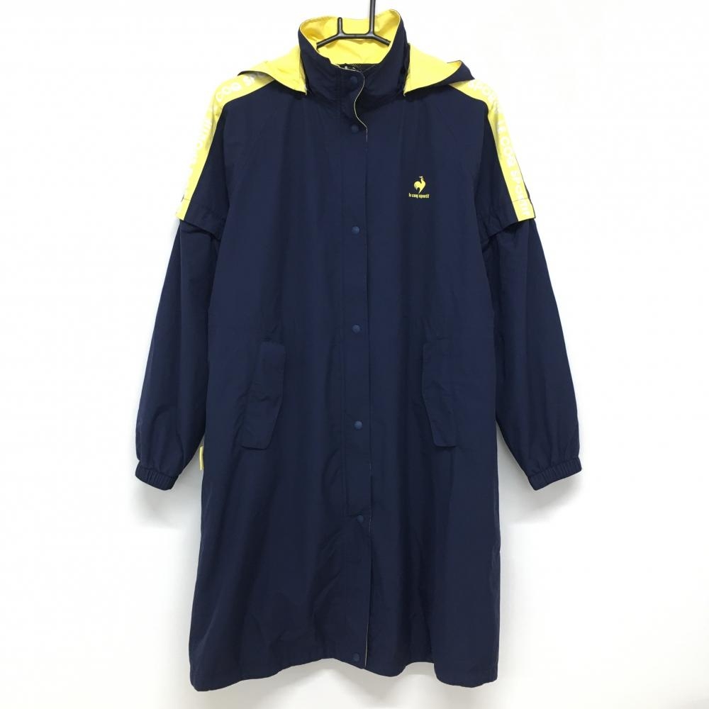 ルコックゴルフ 3WAYレインワンピース ネイビー×イエロー 袖・フード着脱可 レディース LL ゴルフウェア le coq sportif