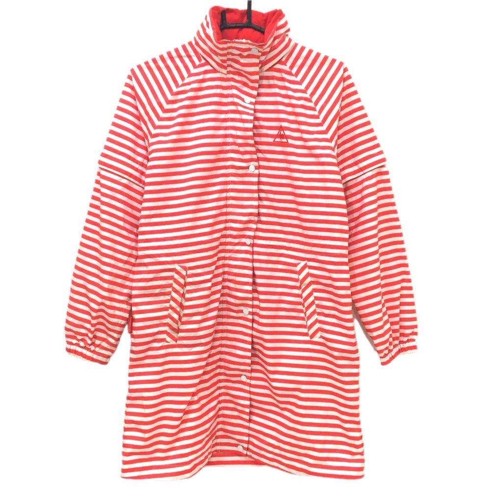 ルコックゴルフ 2WAYレインワンピース レッド×白 ボーダー 袖着脱可 フード収納可  レディース L ゴルフウェア le coq sportif