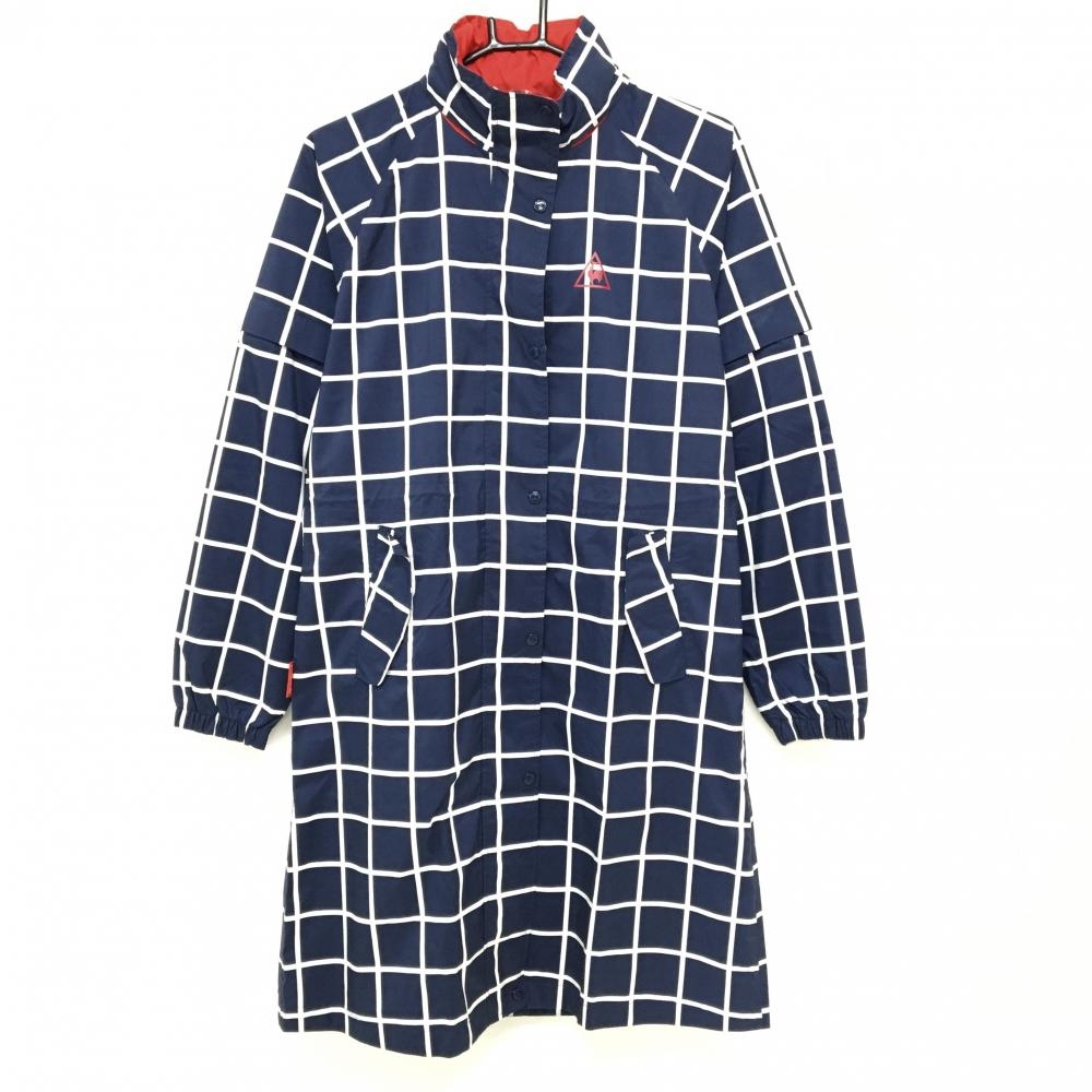 【美品】ルコックゴルフ 4WAYレインワンピース ネイビー×白 格子  袖着脱可 裏地メッシュ レディース L ゴルフウェア le coq sportif