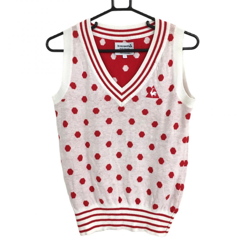 ルコック ベスト 白×レッド ドット Vネック ロゴ刺しゅう レディース S ゴルフウェア le coq sportif