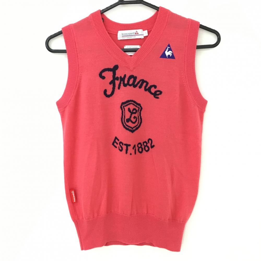 【超美品】ルコック ニットベスト ピンク×ネイビー Vネック ロゴ刺しゅう レディース S ゴルフウェア le coq sportif