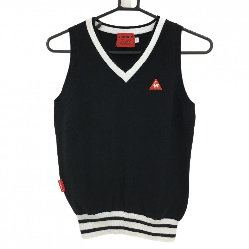 【超美品】ルコックゴルフ ニットベスト 黒×白 綿100％ Vネック レディース M ゴルフウェア le coq sportif