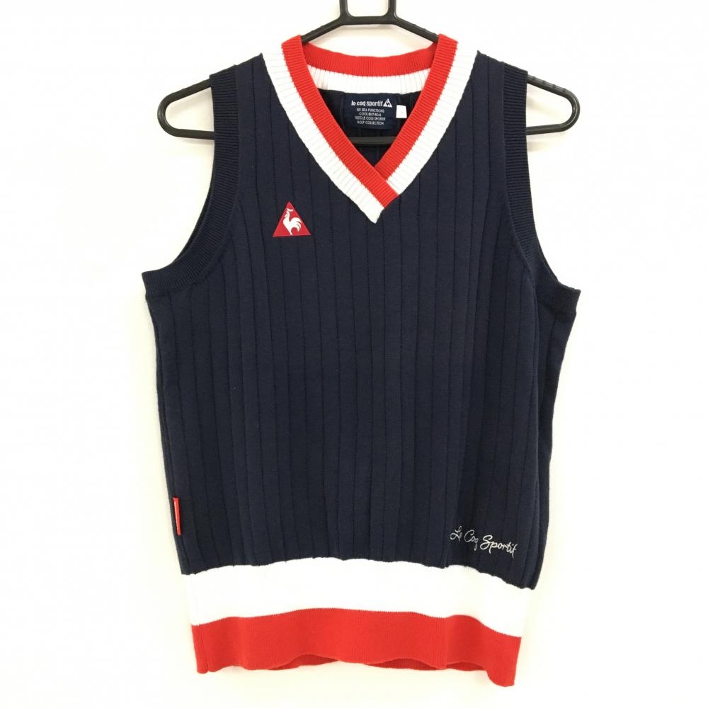 【美品】ルコックゴルフ ニットベスト ネイビー×レッド×白 ストライプ編みコットン混 Vネック レディース L ゴルフウェア le coq sportif