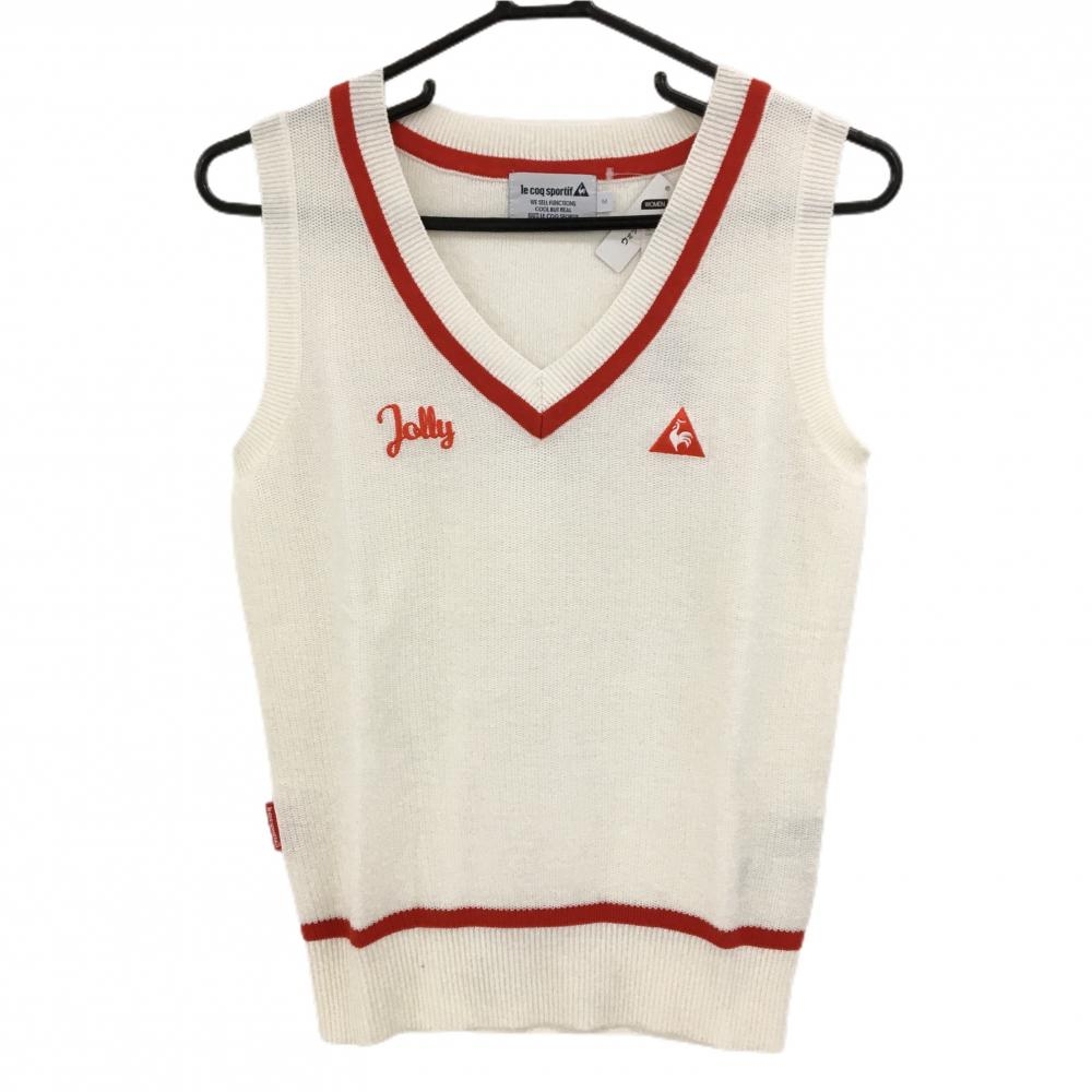【新品】ルコックゴルフ ニットベスト 白×レッド 胸ロゴ ウォッシャブル Vネック レディース M ゴルフウェア le coq sportif