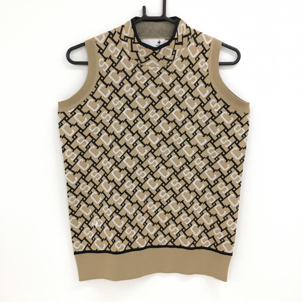 【超美品】ルコックゴルフ ハイネックニットベスト ベージュ×黒×白 総柄  レディース L ゴルフウェア 2024年モデル le coq sportif