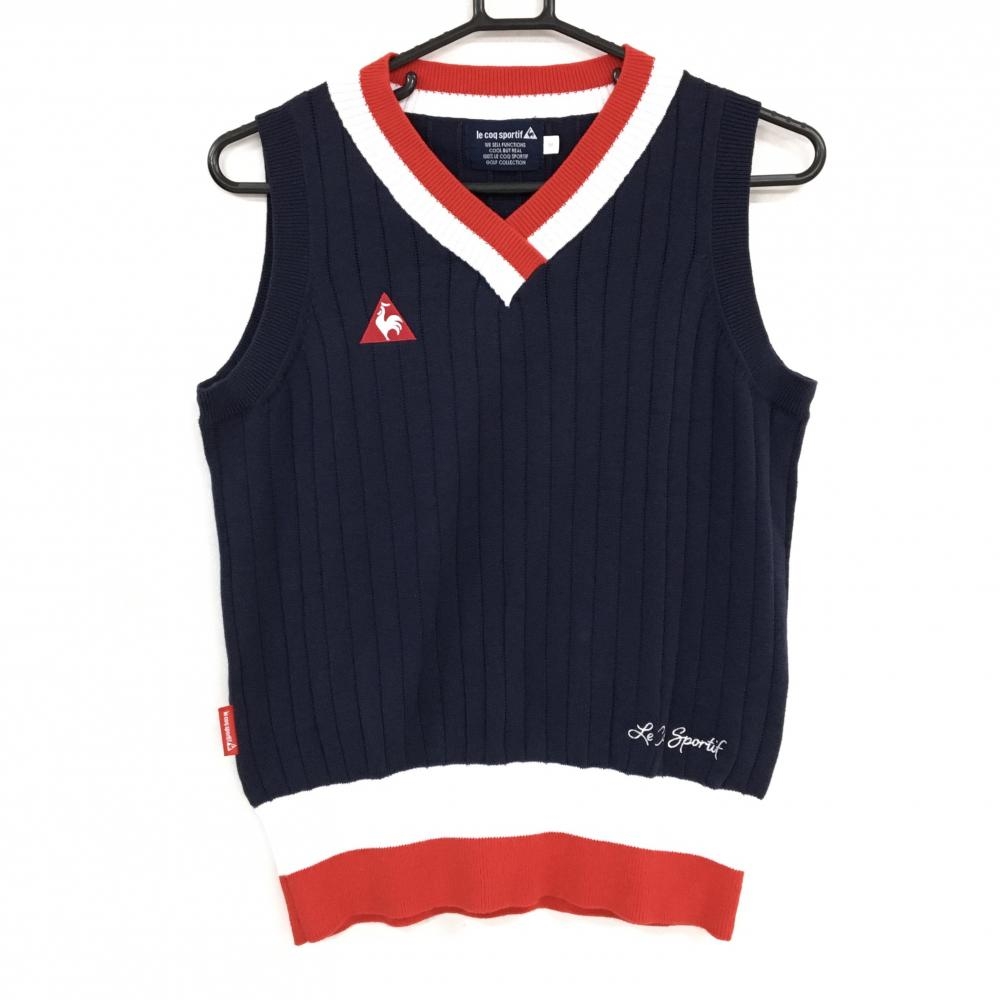 【美品】ルコックゴルフ ニットベスト ネイビー×レッド ストライプ編み コットン混 レディース M ゴルフウェア le coq sportif