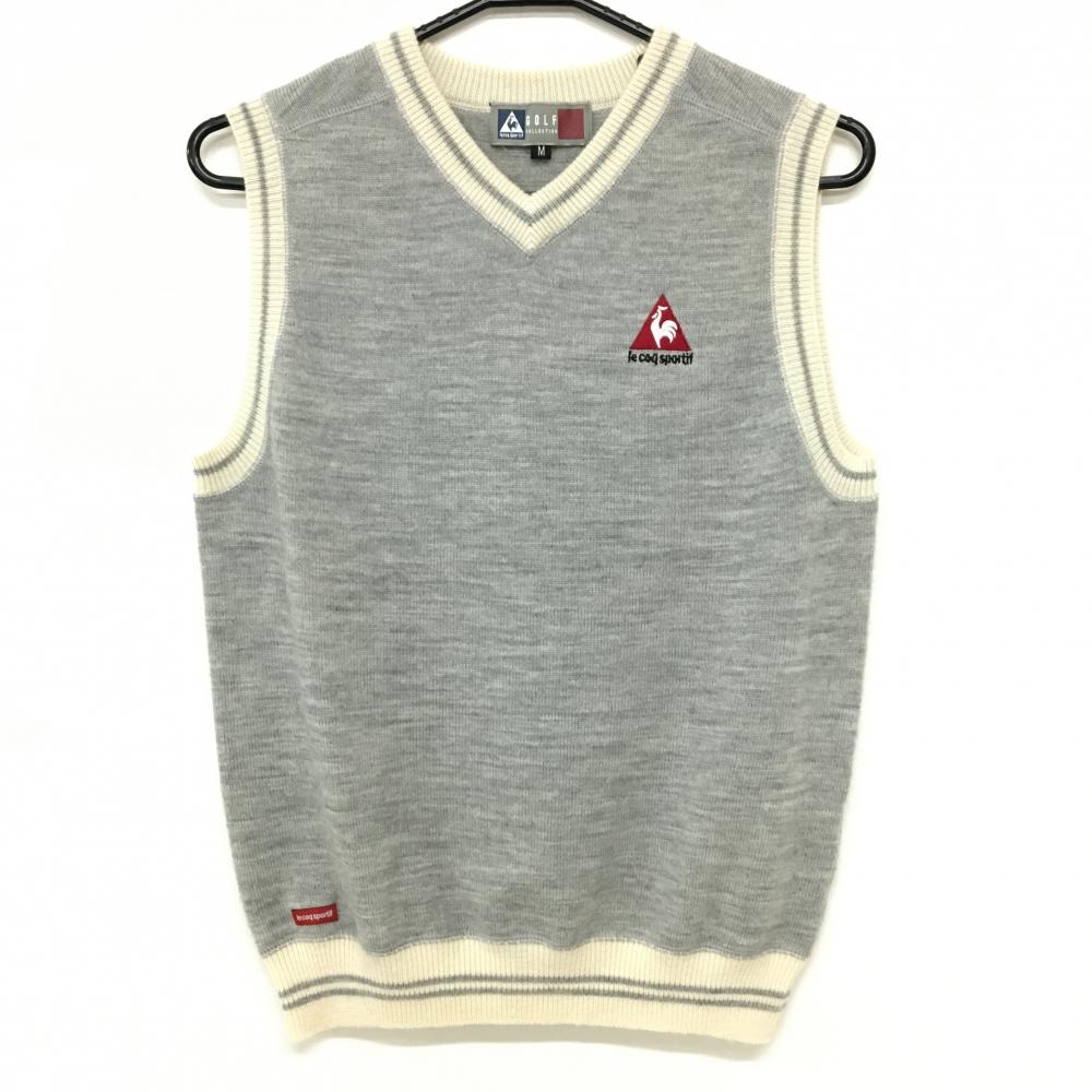 ルコックゴルフ ニットベスト 杢グレー×白 ウール混 ワッペン レディース M ゴルフウェア le coq sportif