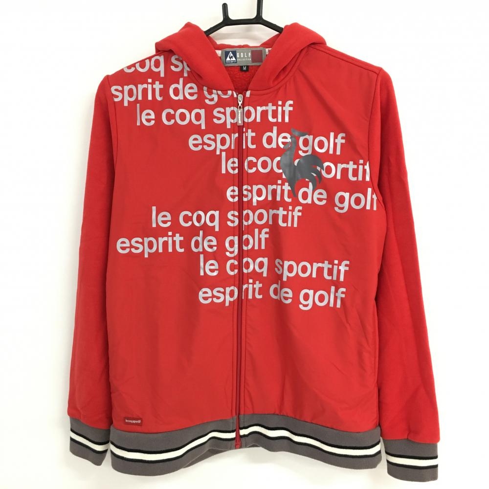 【美品】ルコック ジップパーカー レッド×グレー 前ロゴ総柄 裏起毛 ブルゾン レディース M ゴルフウェア le coq sportif