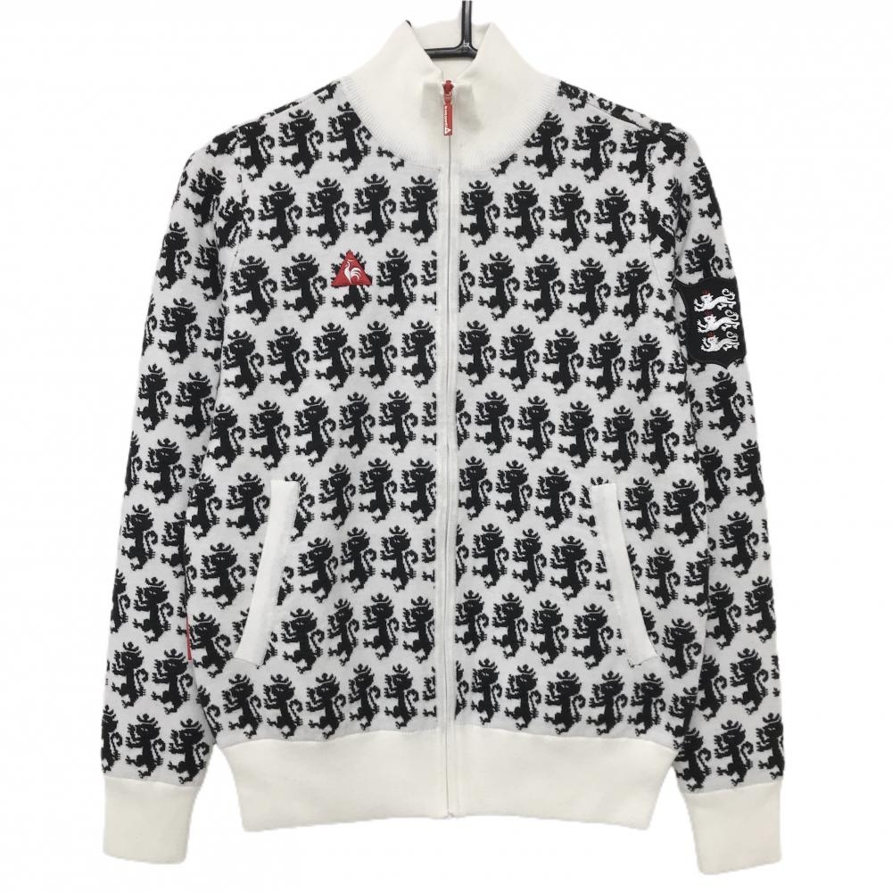【美品】ルコックゴルフ ニットジャケット 白×黒 総柄 ウール混 裏地付き レディース M ゴルフウェア le coq sportif