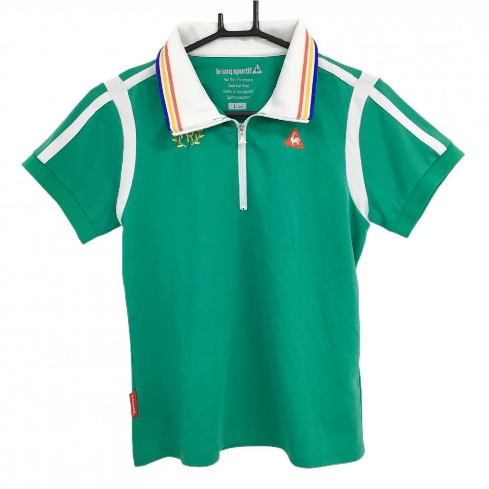 【超美品】ルコック 半袖ポロシャツ グリーン×白  ハーフジップ  レディース L ゴルフウェア le coq sportif