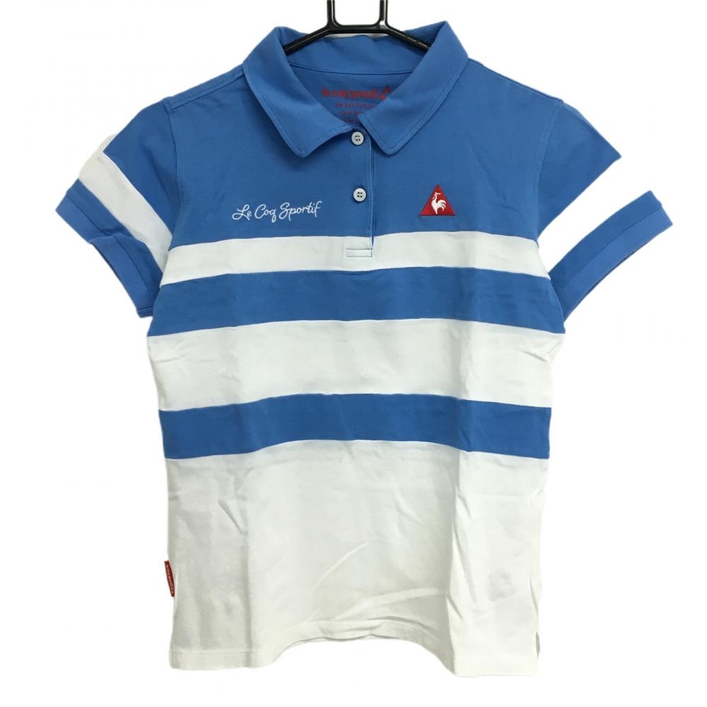 【美品】ルコック 半袖ポロシャツ ライトブルー×白 ボーダー調 レディース L ゴルフウェア le coq sportif