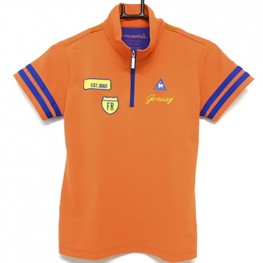 【超美品】ルコック 半袖ポロシャツ オレンジ×ブルー ハーフジップ 袖3ライン レディース M ゴルフウェア le coq sportif
