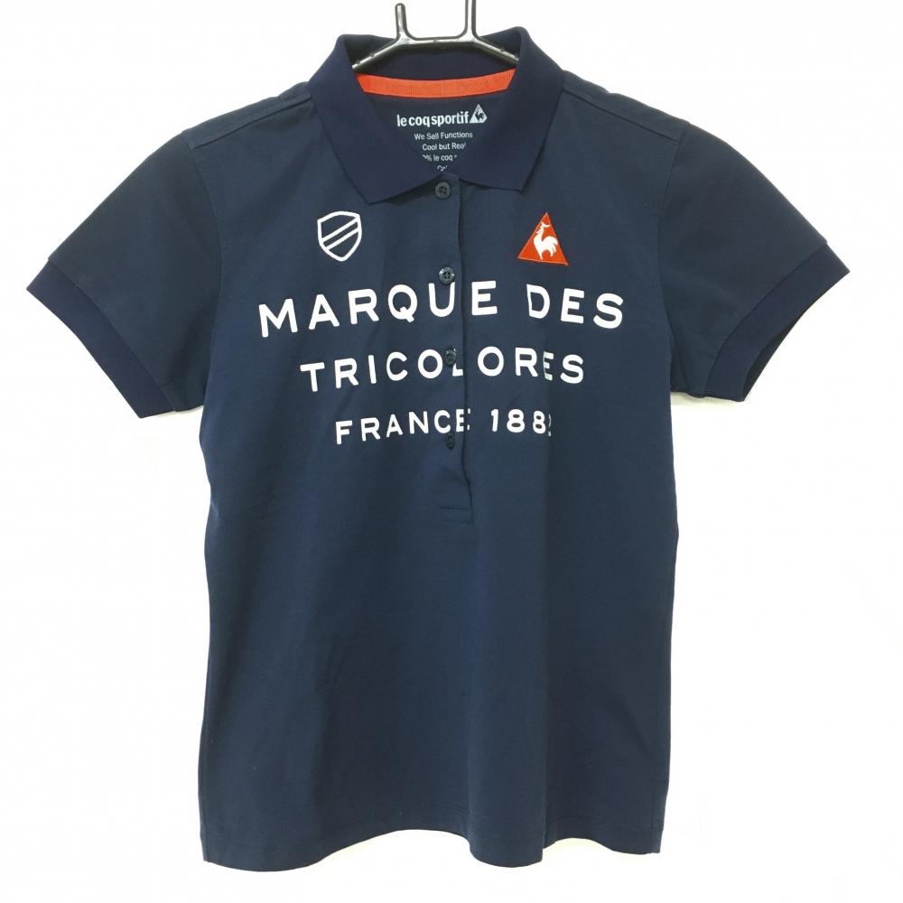 【美品】ルコック 半袖ポロシャツ ネイビー×白 フロント英字  レディース M ゴルフウェア le coq sportif