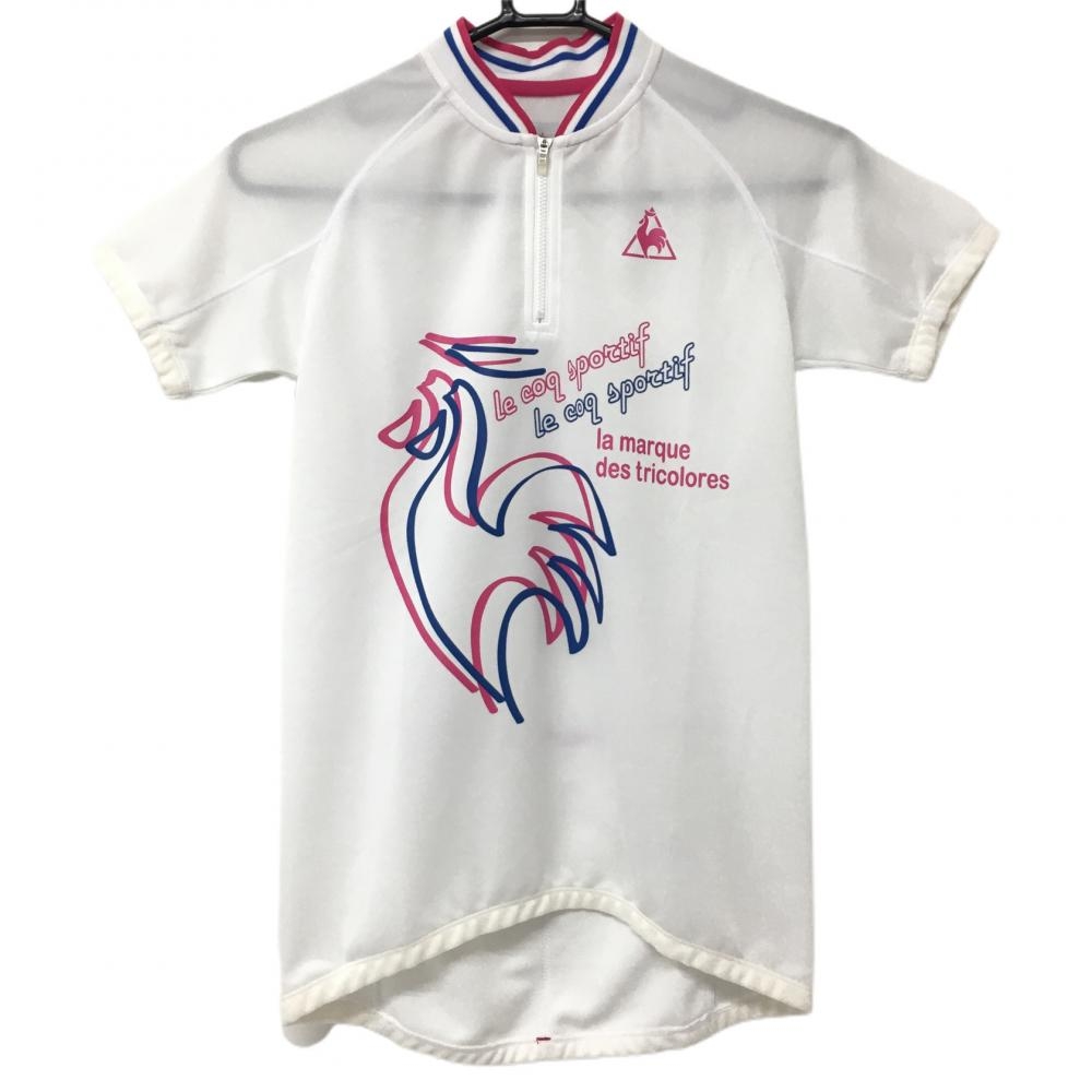 【美品】ルコック 半袖ポロシャツ 白×ピンク フロントプリント ハーフジップ  レディース M ゴルフウェア le coq sportif