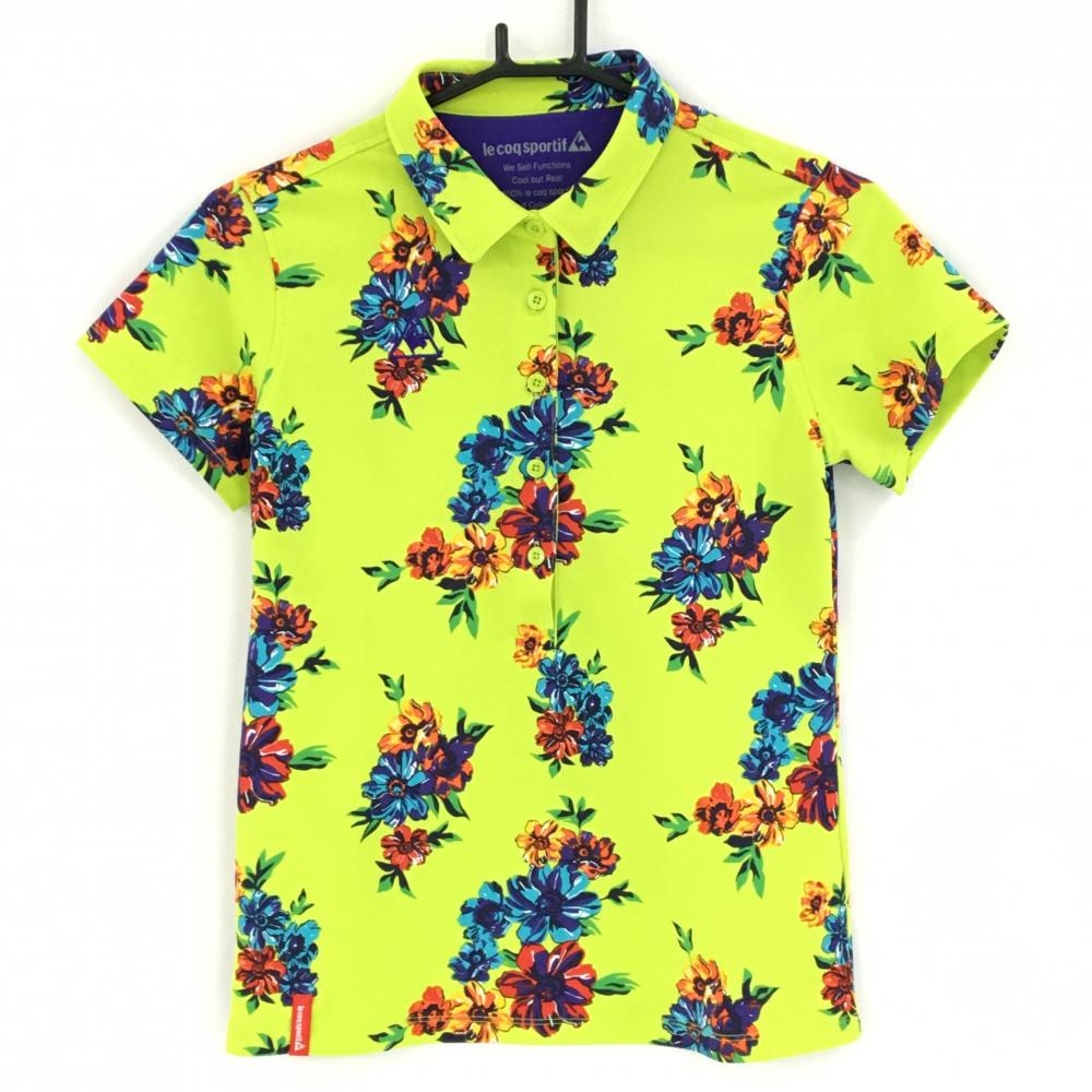 【超美品】ルコック 半袖ポロシャツ ライトグリーン×ブルー 花柄 ロゴ刺しゅう レディース M ゴルフウェア le coq sportif