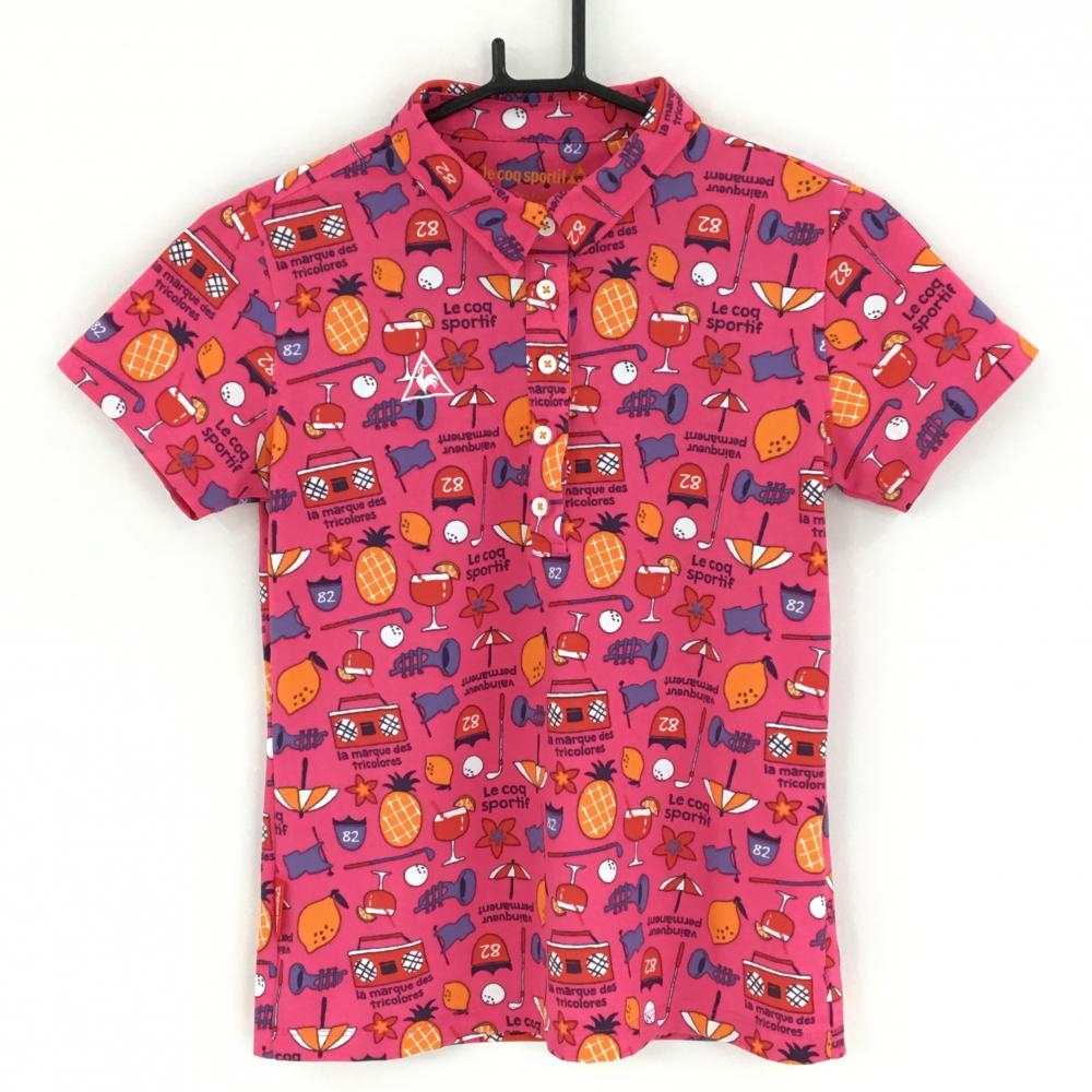 【超美品】ルコック 半袖ポロシャツ ピンク×マルチカラー 総柄 ロゴ刺しゅう レディース M ゴルフウェア le coq sportif