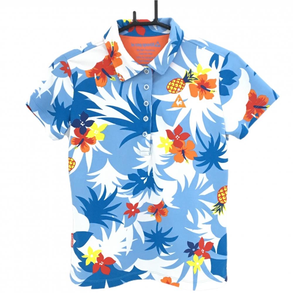 【超美品】ルコック 半袖ポロシャツ ライトブルー×白 ハイビスカス柄 ロゴ刺しゅう レディース M ゴルフウェア le coq sportif