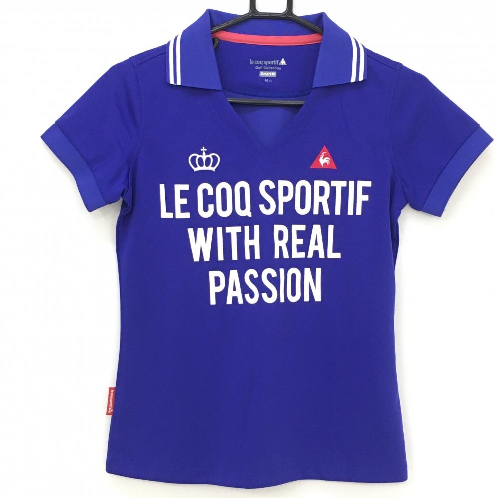 【美品】ルコック 半袖スキッパーシャツ ブルーネイビー×白 ビックプリント ロゴ刺しゅう レディース M ゴルフウェア le coq sportif