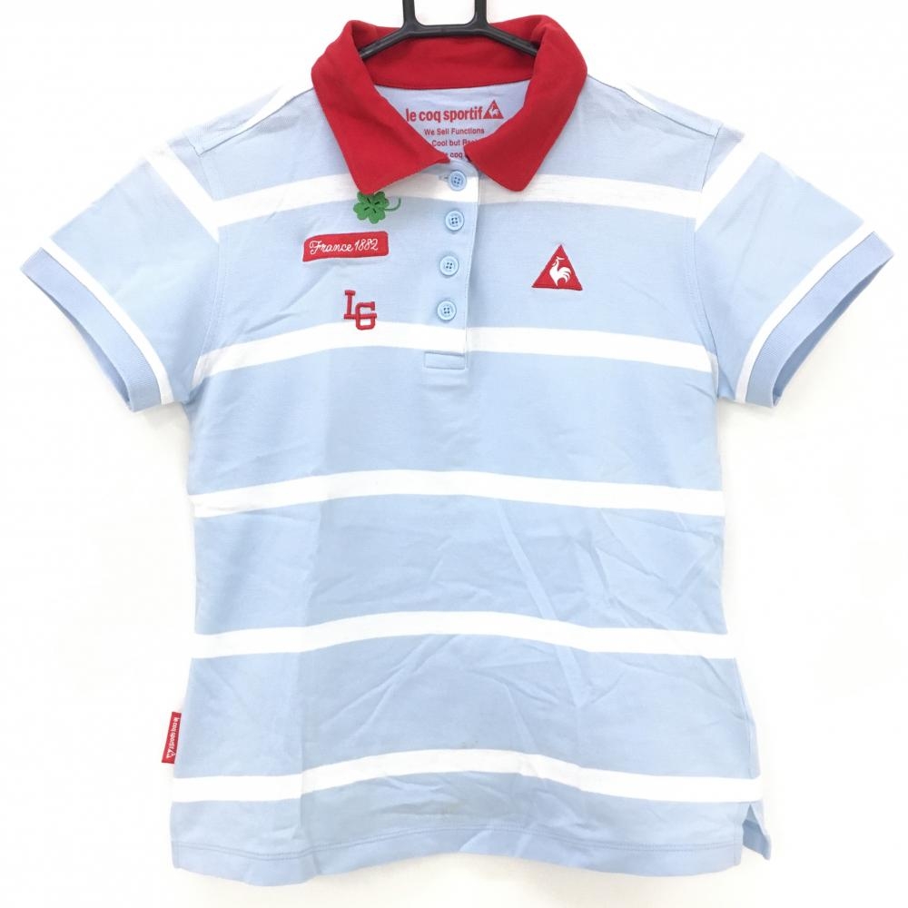 ルコック 半袖ポロシャツライトブルー×白 ボーダー 襟レッド  レディース M ゴルフウェア le coq sportif
