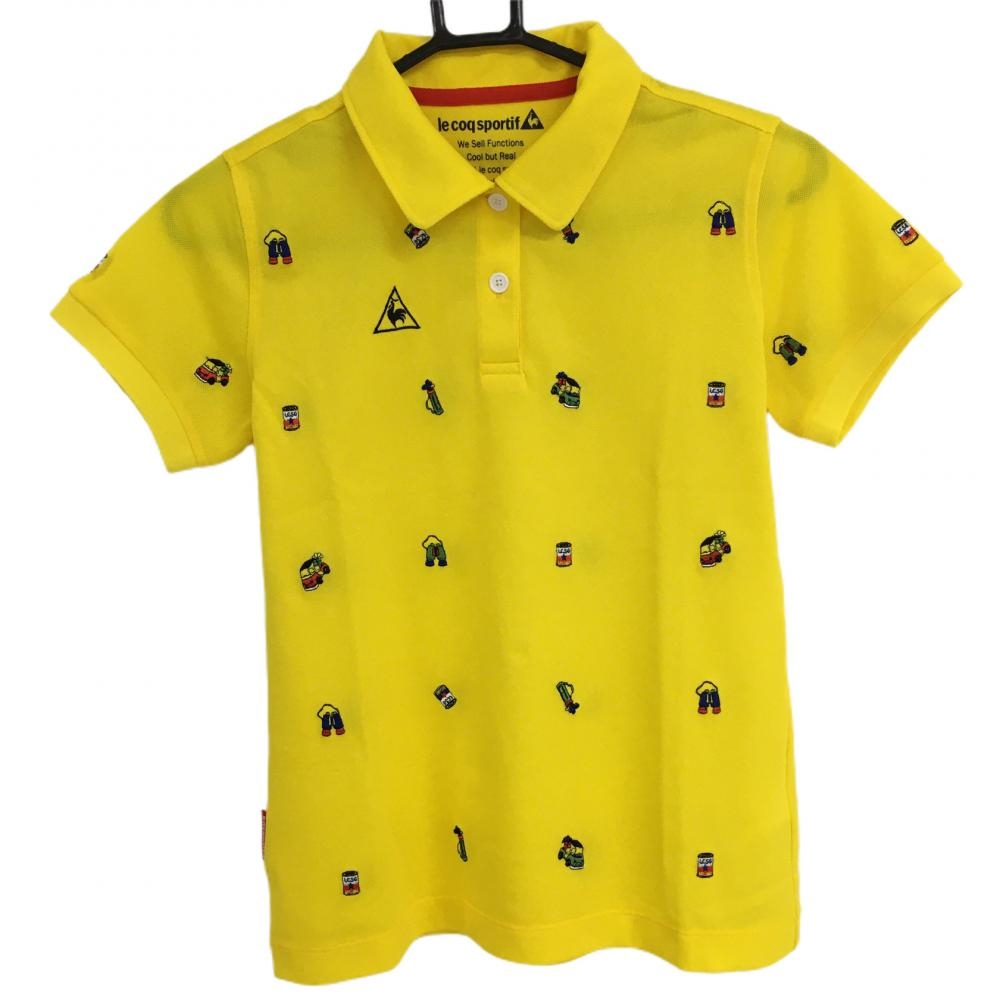 【超美品】ルコック 半袖ポロシャツ イエロー 総柄 ロゴ刺しゅう レディース M ゴルフウェア le coq sportif