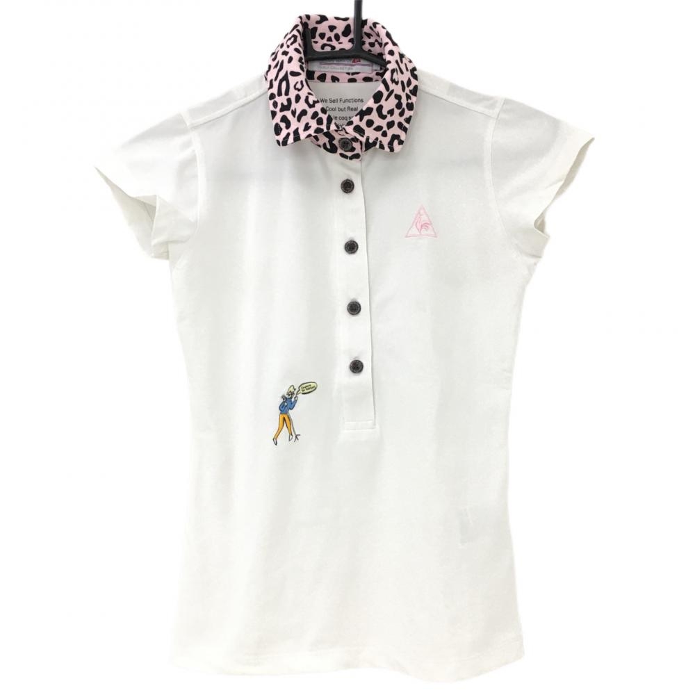【超美品】ルコック 半袖ポロシャツ 白×ピンク 襟レオパード柄 レディース S ゴルフウェア le coq sportif