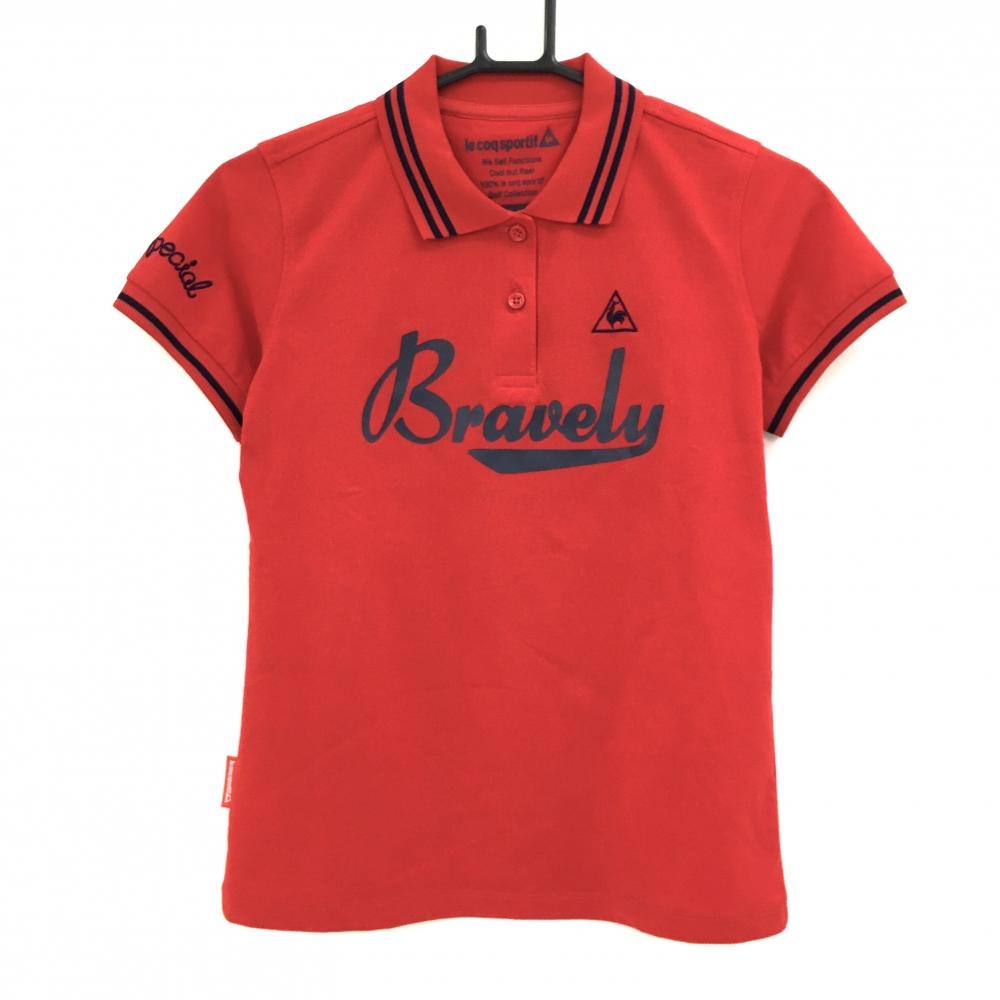 【超美品】ルコック 半袖ポロシャツ レッド×ネイビー 襟・袖口ライン プリント レディース M ゴルフウェア le coq sportif