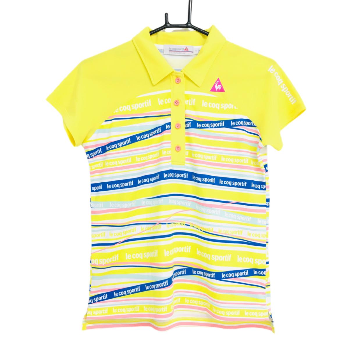 【超美品】ルコック 半袖ポロシャツ イエロー×ブルー ロゴボーダー ロゴ刺しゅう レディース M ゴルフウェア le coq sportif