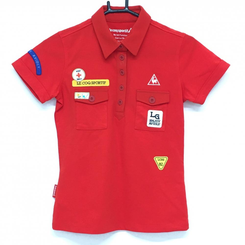 ルコック 半袖ポロシャツ レッド×白 複数ワッペン 胸ポケット レディース S ゴルフウェア le coq sportif