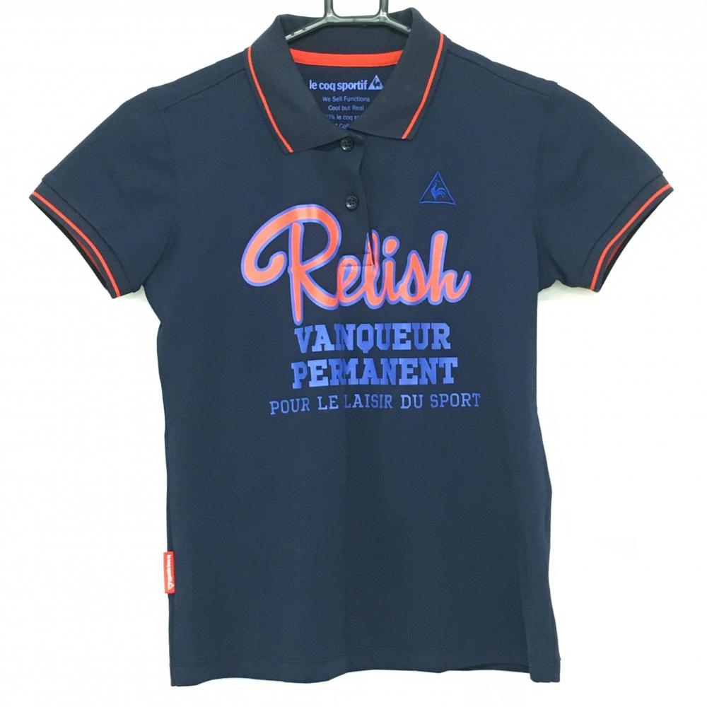 ルコック 半袖ポロシャツ ネイビー×レッド 襟袖口ライン プリント  レディース S ゴルフウェア le coq sportif