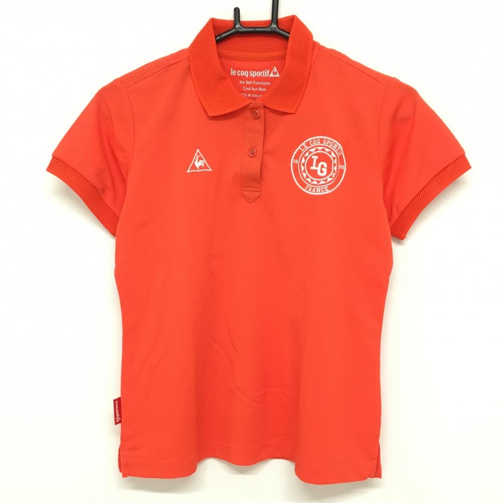 【美品】ルコック 半袖ポロシャツ オレンジ ロゴ刺しゅう 襟・袖口メッシュ調  レディース M ゴルフウェア le coq sportif