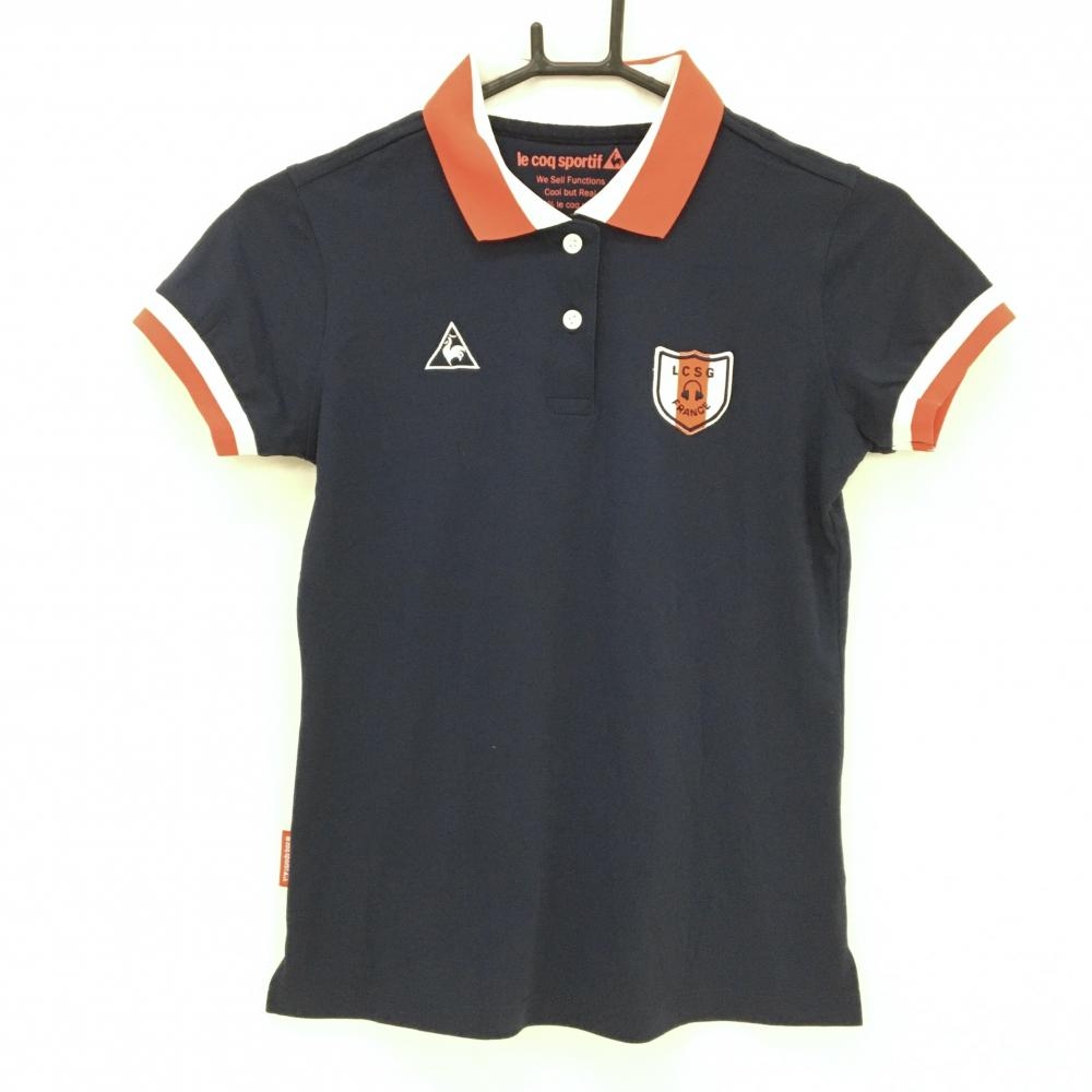 【美品】ルコック 半袖ポロシャツ ネイビー×レッド ロゴ刺しゅう レディース S ゴルフウェア le coq sportif