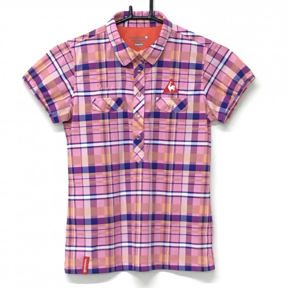 【超美品】ルコック 半袖ポロシャツ ピンク×パープル チェック スナップボタン レディース M ゴルフウェア le coq sportif