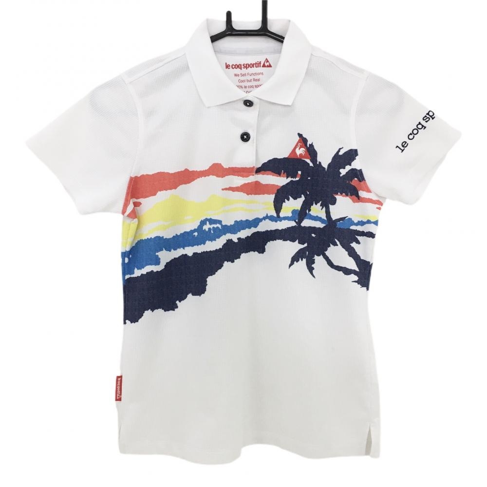 【美品】ルコック 半袖ポロシャツ 白×マルチ ヤシの木プリント 織生地  レディース M ゴルフウェア le coq sportif