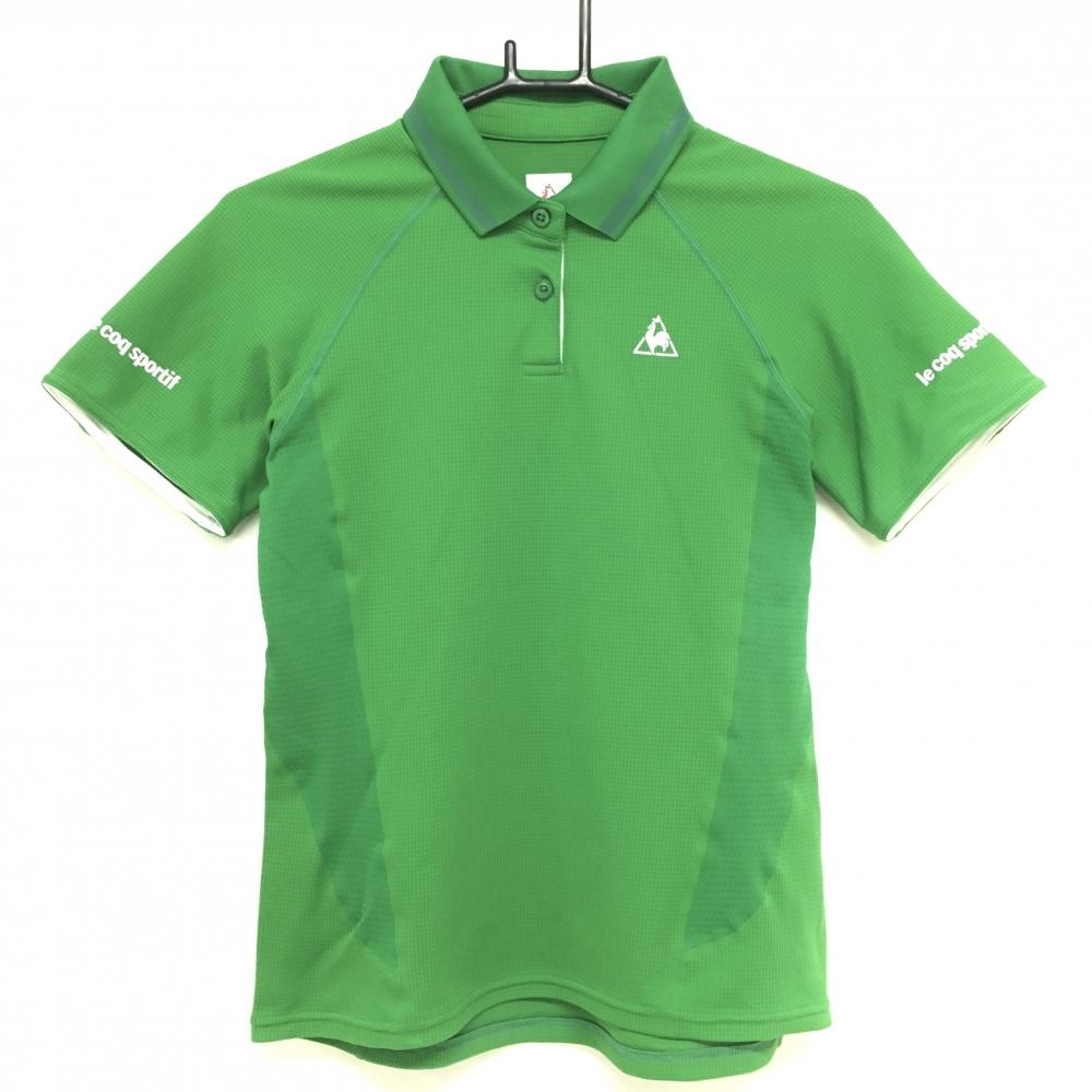 【超美品】ルコック 半袖ポロシャツ グリーン×白 格子織生地 ロゴプリント レディース L ゴルフウェア le coq sportif